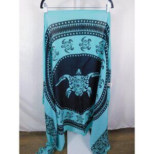 Maya Pareos Sarong Womens One Size Turquoise Black Sea Turtle Beach Rayon Fringe